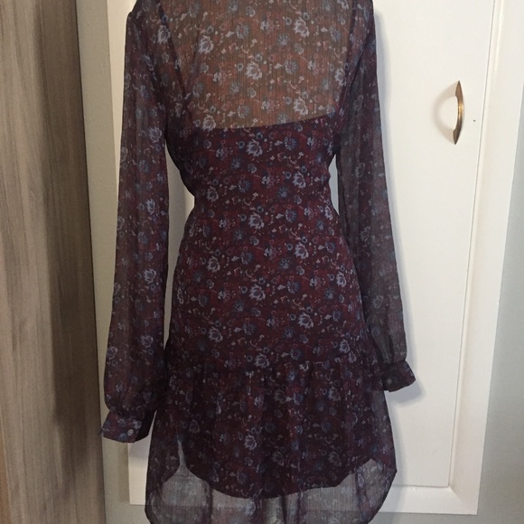 Ruffled Front Floral Purple Blue Long Sleeve Dress - Picture 4 of 7